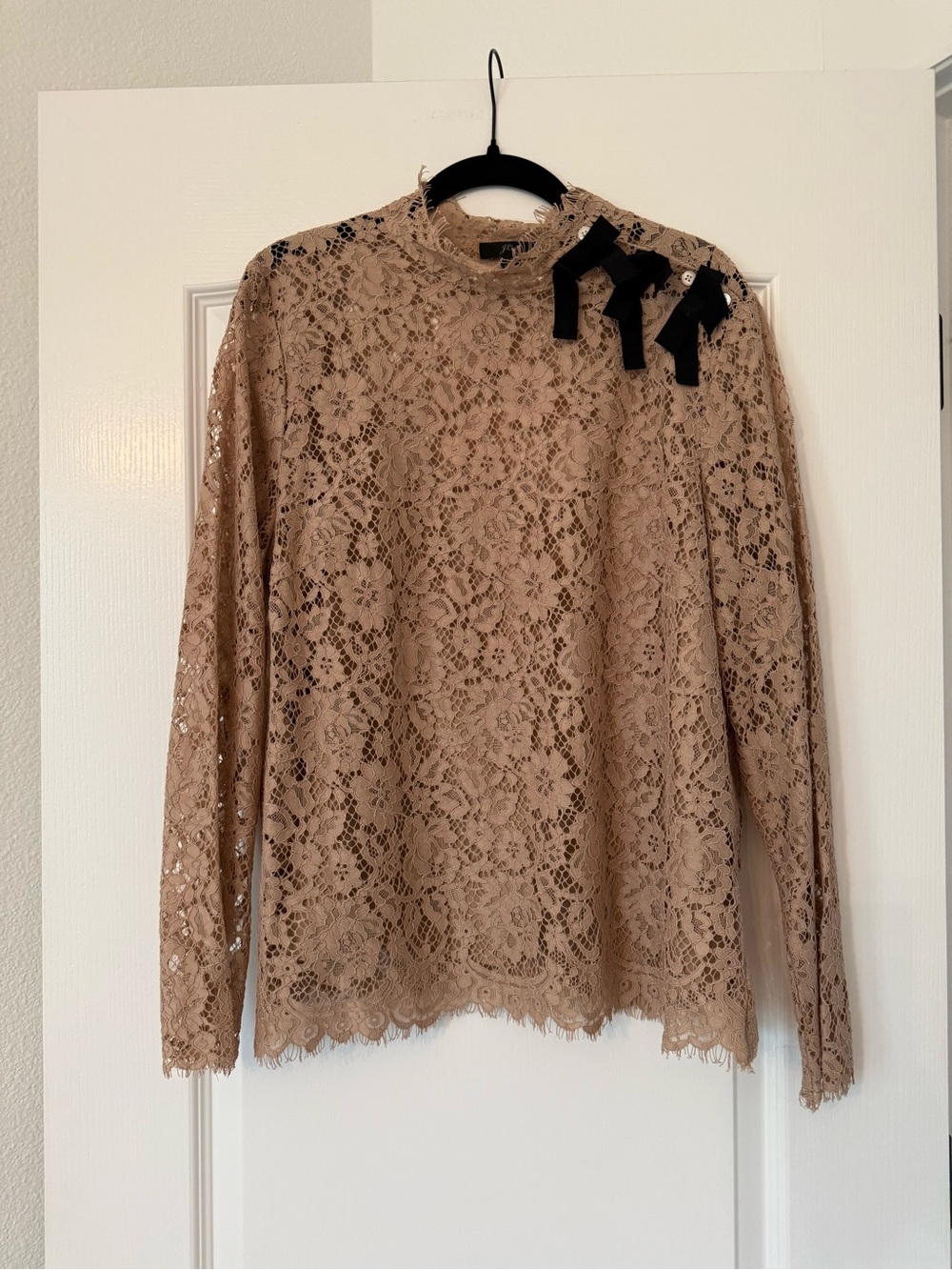 J. Crew Nude Lace Long-Sleeve Top with Black Bow Accents
